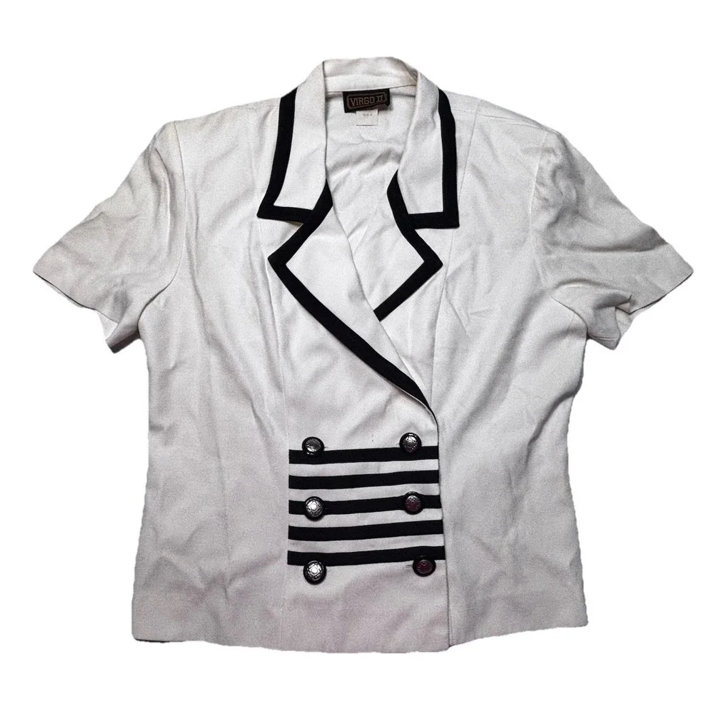 Vintage 80s VIRGO II Nautical Blouse Women 10 White Black Military Button USA‎